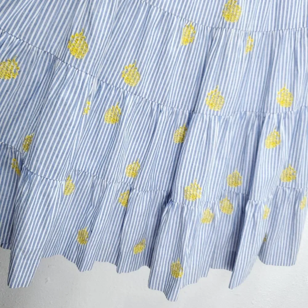 J. CREW Pinapple Embroidered Tiered Seersucker Pinstripe Lagenlook Midi Skirt - Picture 12 of 15